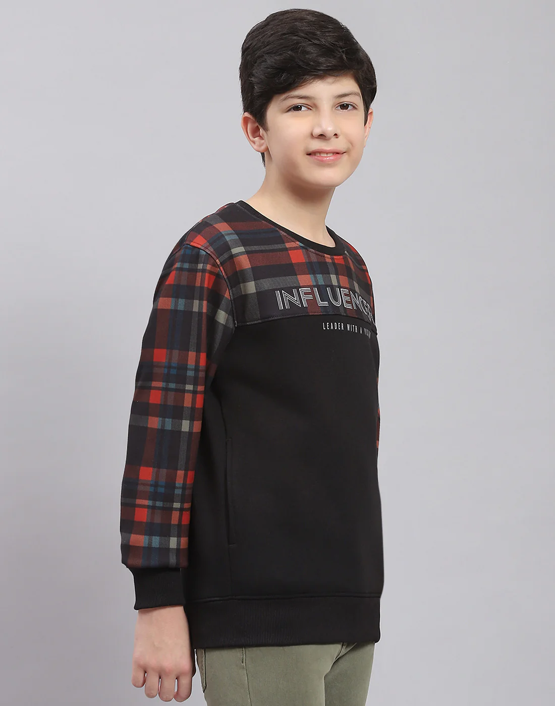 Boys Black Check Round Neck Full Sleeve Sweatshirt - Image 5