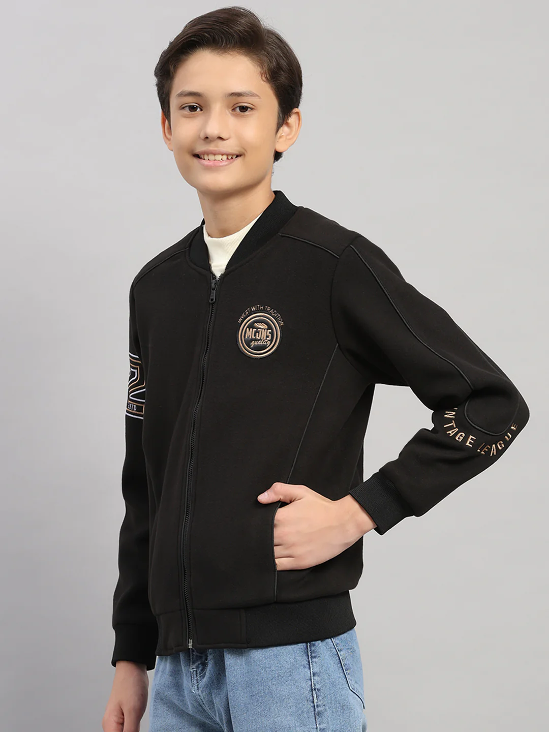 Boys Black Embroidered Collar Full Sleeve Jacket - Image 3