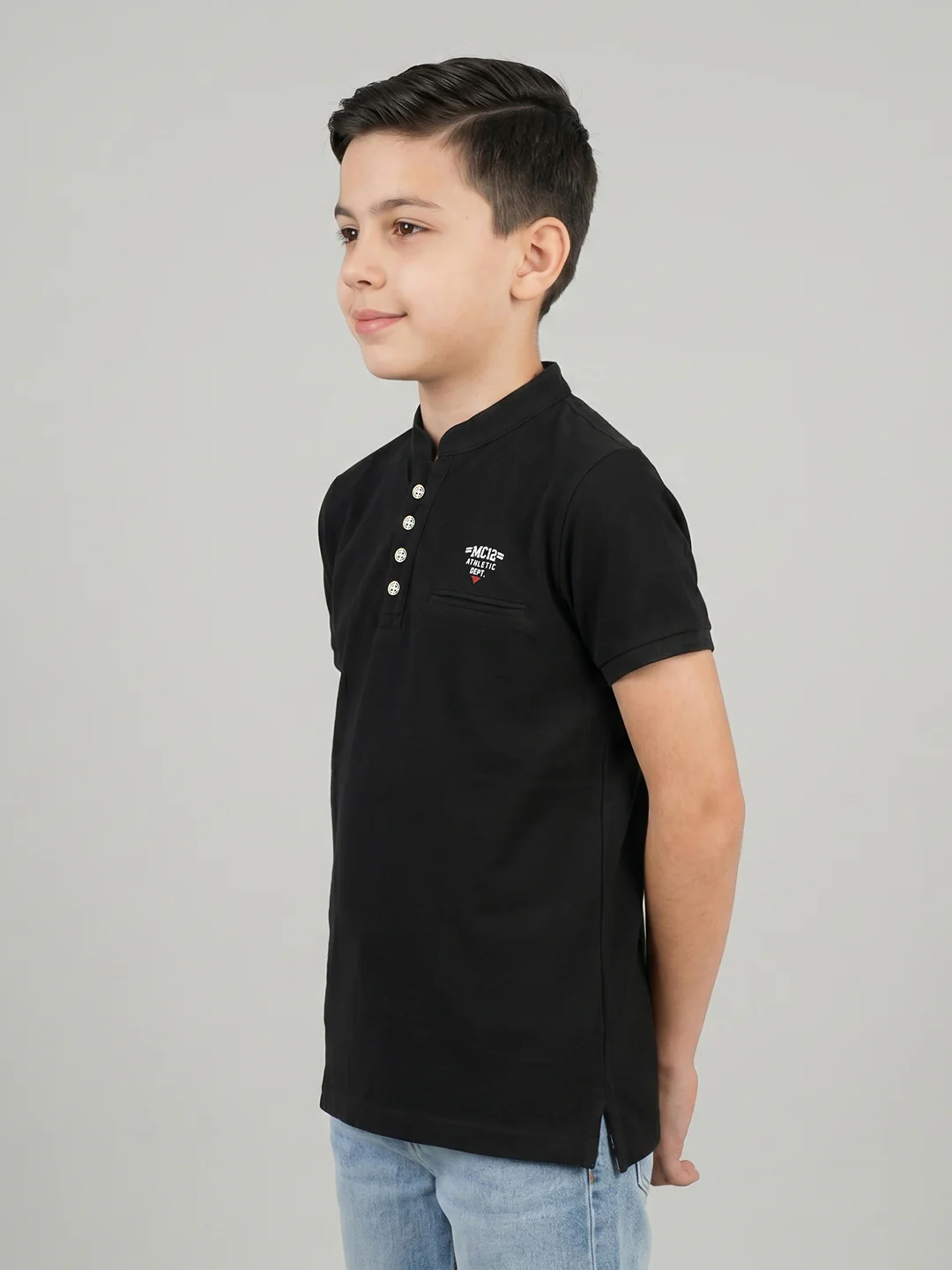 Boys Black Printed Band Collar Half Sleeve T-Shirt - Image 3