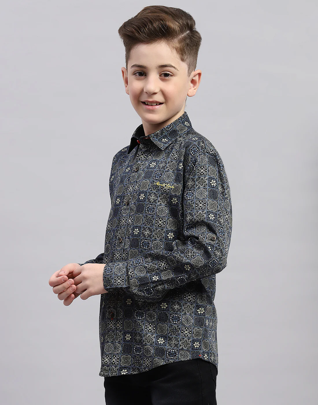 Boys Black Printed Collar Full Sleeve Shirt - Image 3