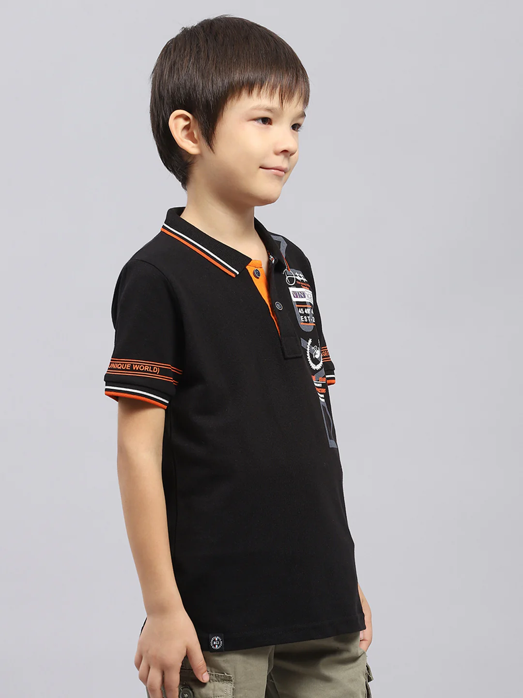 Boys Black Printed Collar Half Sleeve T-Shirt - Image 4