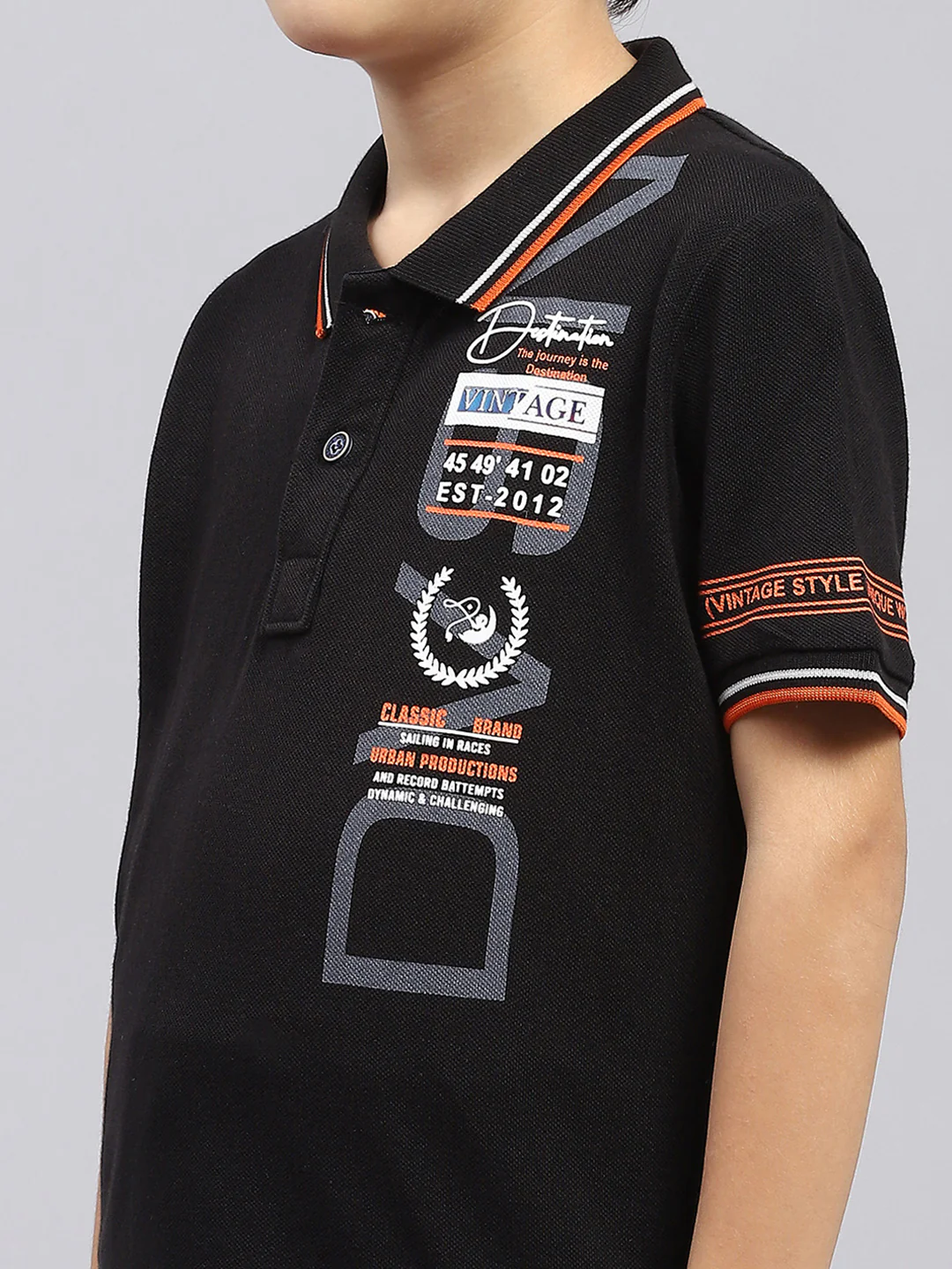 Boys Black Printed Collar Half Sleeve T-Shirt - Image 6
