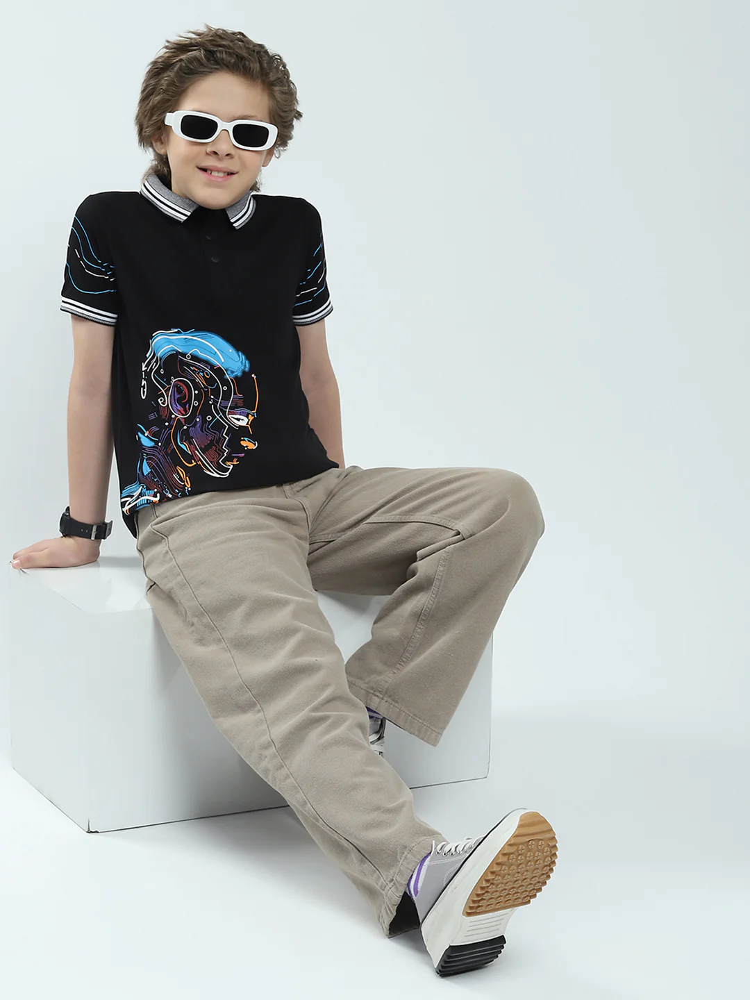 Boys Black Printed Collar Half Sleeve T-Shirt - Image 2