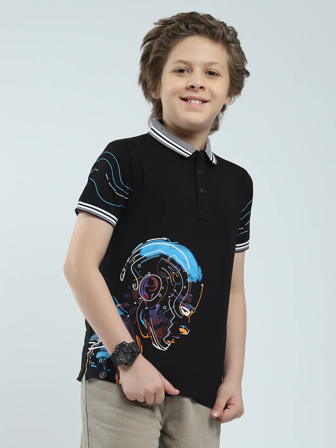 Boys Black Printed Collar Half Sleeve T-Shirt - Image 4