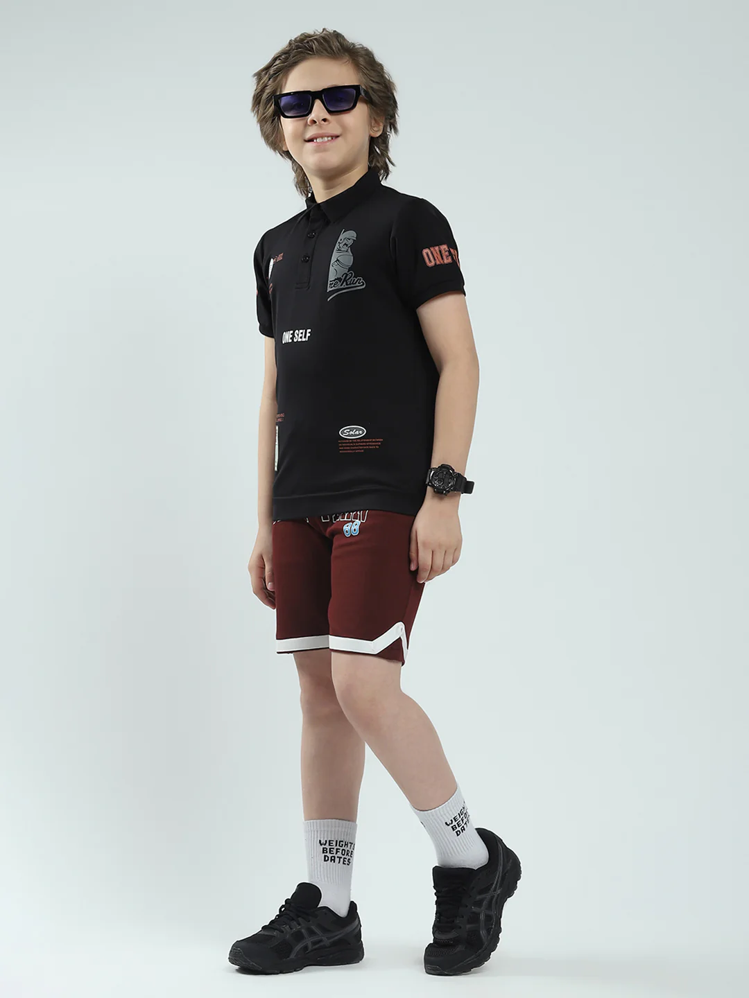 Boys Black Printed Collar Half Sleeve T-Shirt - Image 2