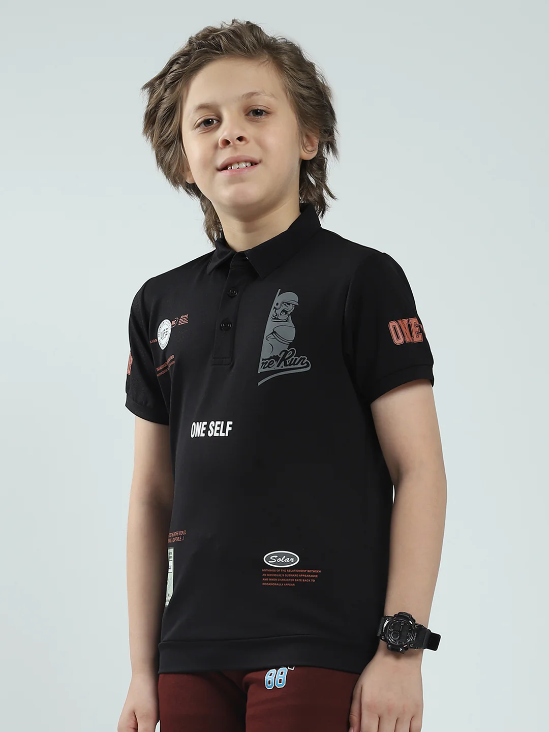 Boys Black Printed Collar Half Sleeve T-Shirt - Image 3