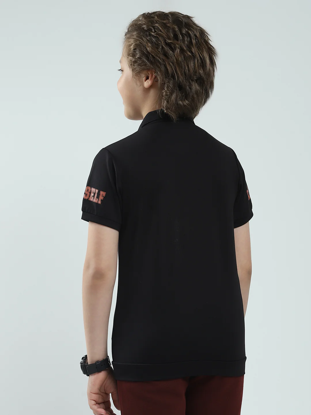 Boys Black Printed Collar Half Sleeve T-Shirt - Image 5