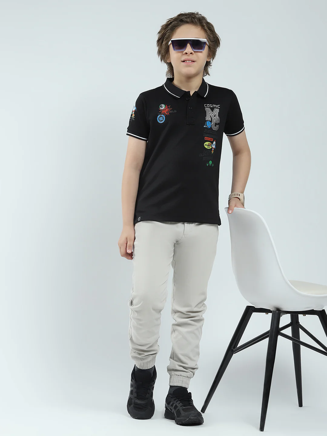 Boys Black Printed Collar Half Sleeve T-Shirt - Image 2