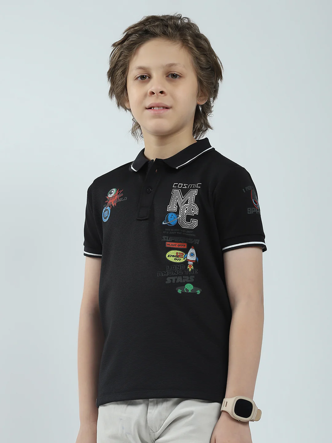 Boys Black Printed Collar Half Sleeve T-Shirt - Image 3