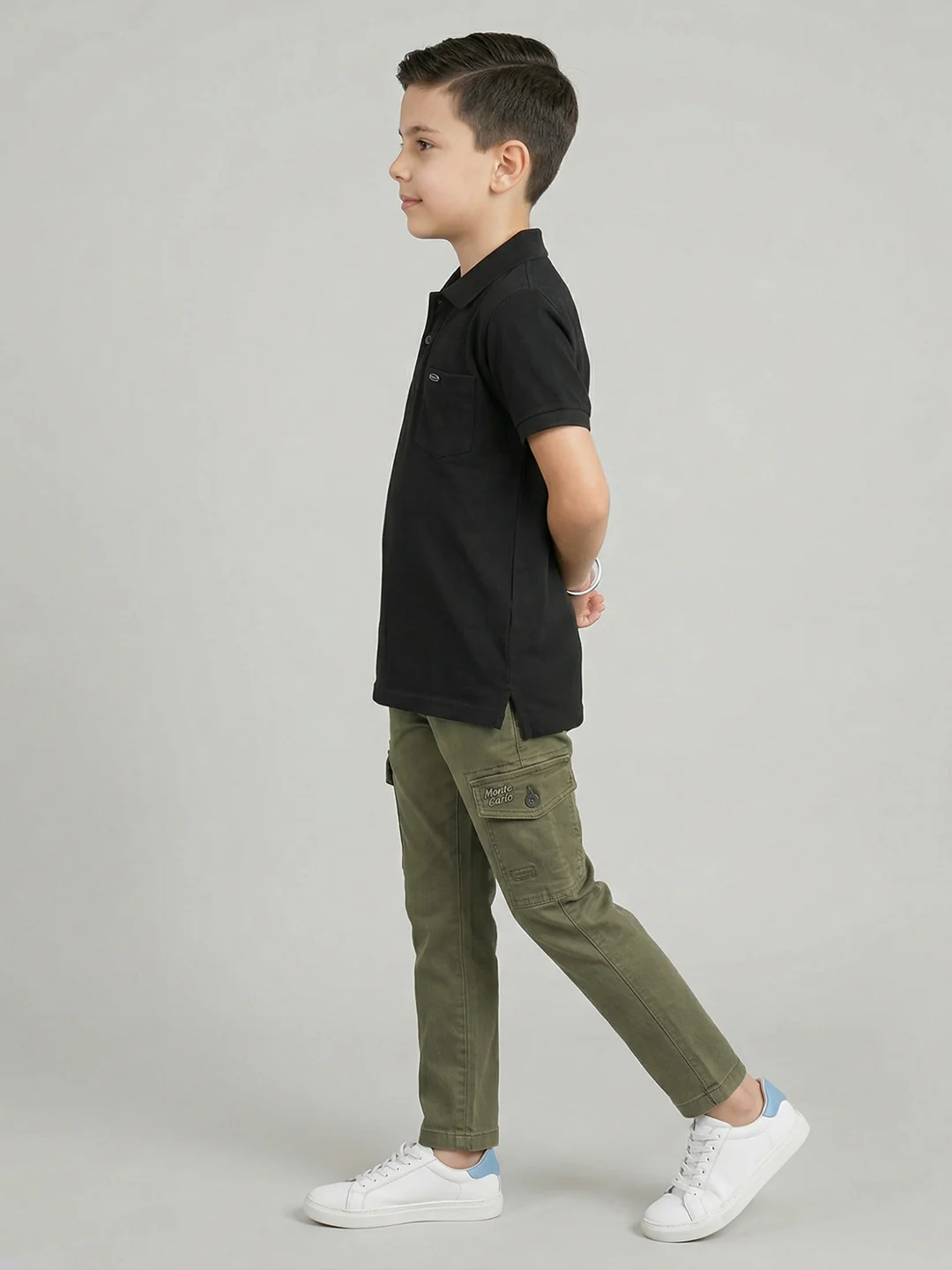 Boys Black Printed Collar Half Sleeve T-Shirt - Image 5