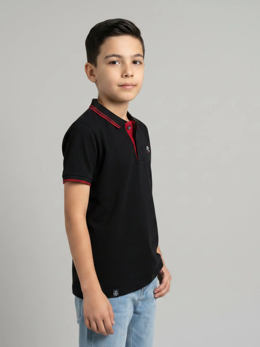 Boys Black Printed Collar Half Sleeve T-Shirt - Image 2