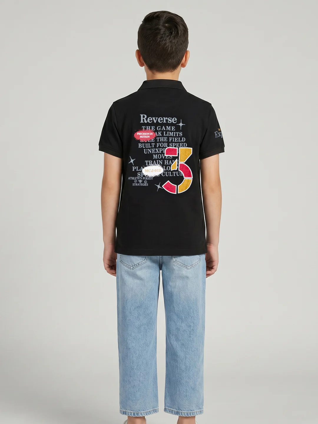 Boys Black Printed Collar Half Sleeve T-Shirt - Image 2