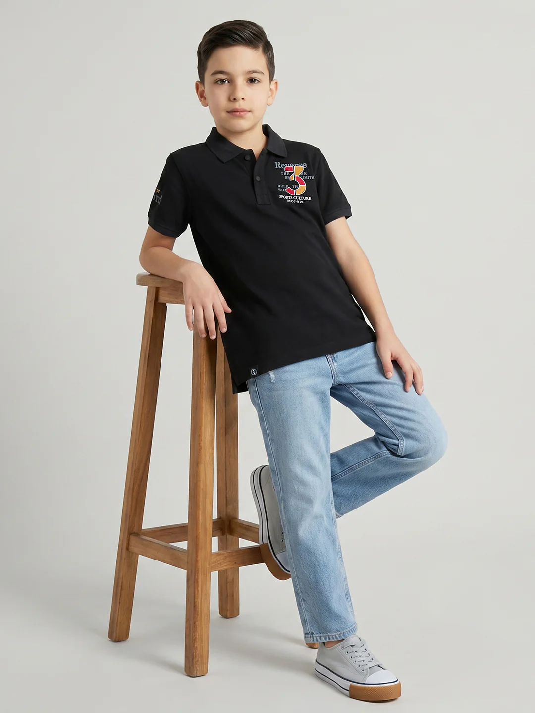 Boys Black Printed Collar Half Sleeve T-Shirt - Image 3