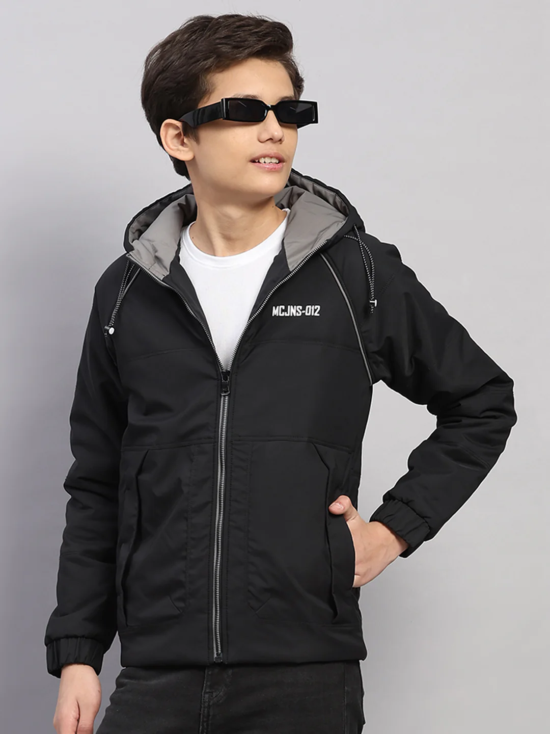 Boys Black Printed Hooded Full Sleeve Jacket - Image 6