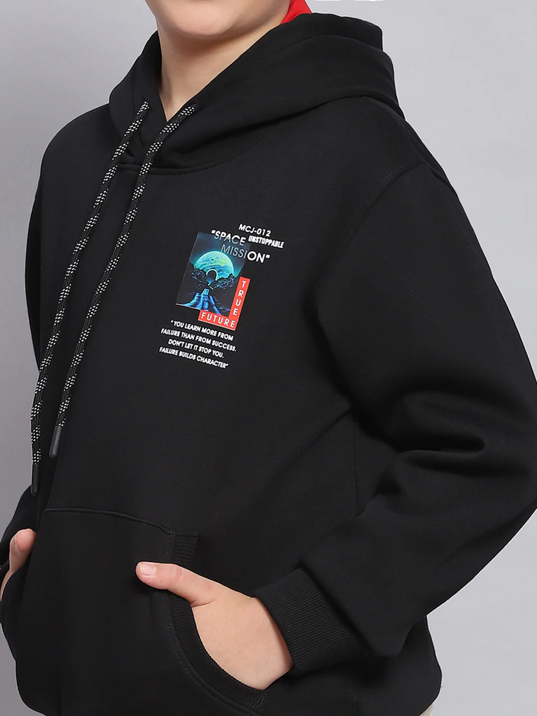 Boys Black Printed Hooded Full Sleeve Sweatshirt - Image 6