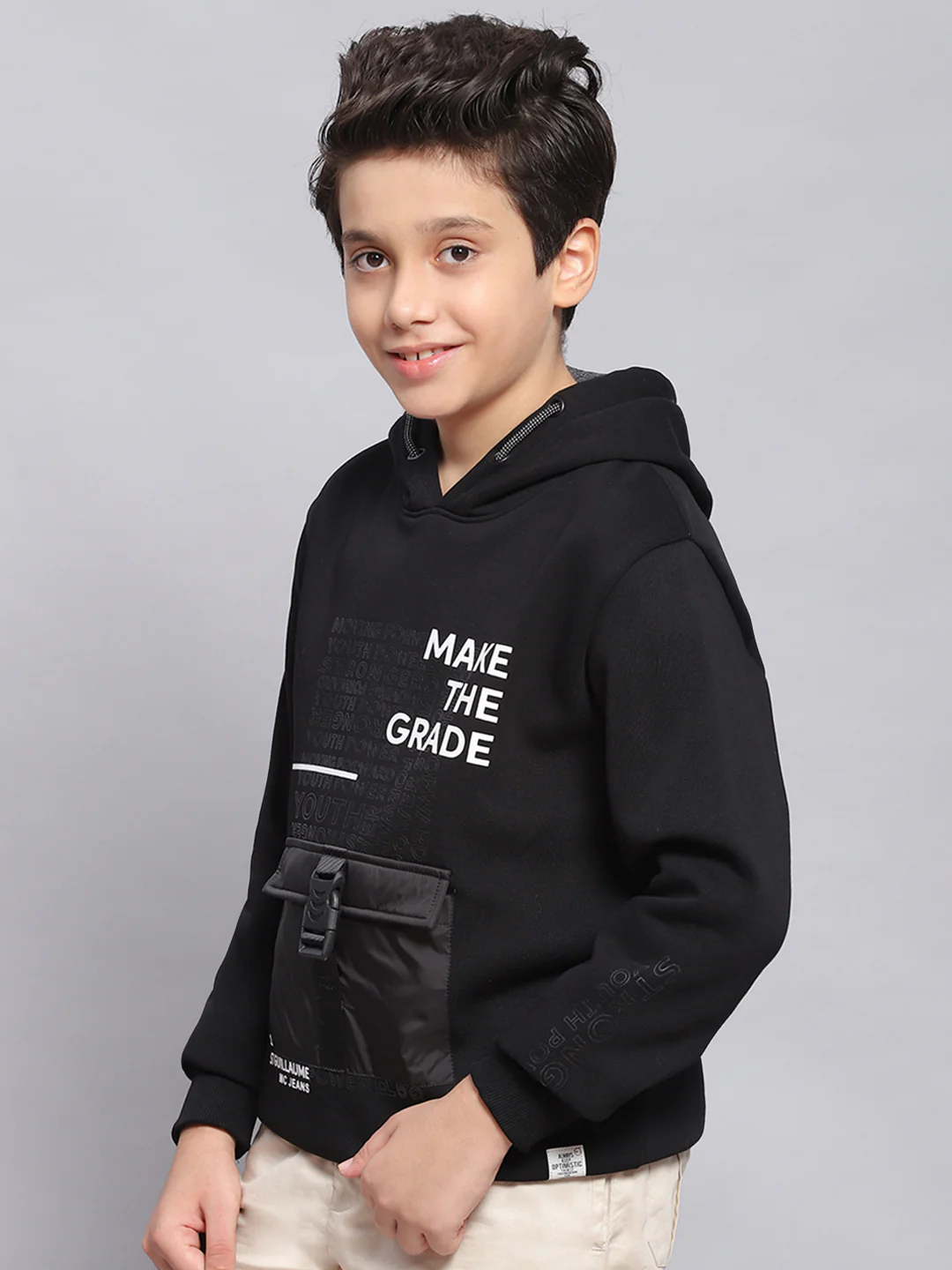 Boys Black Printed Hooded Full Sleeve Sweatshirt - Image 3
