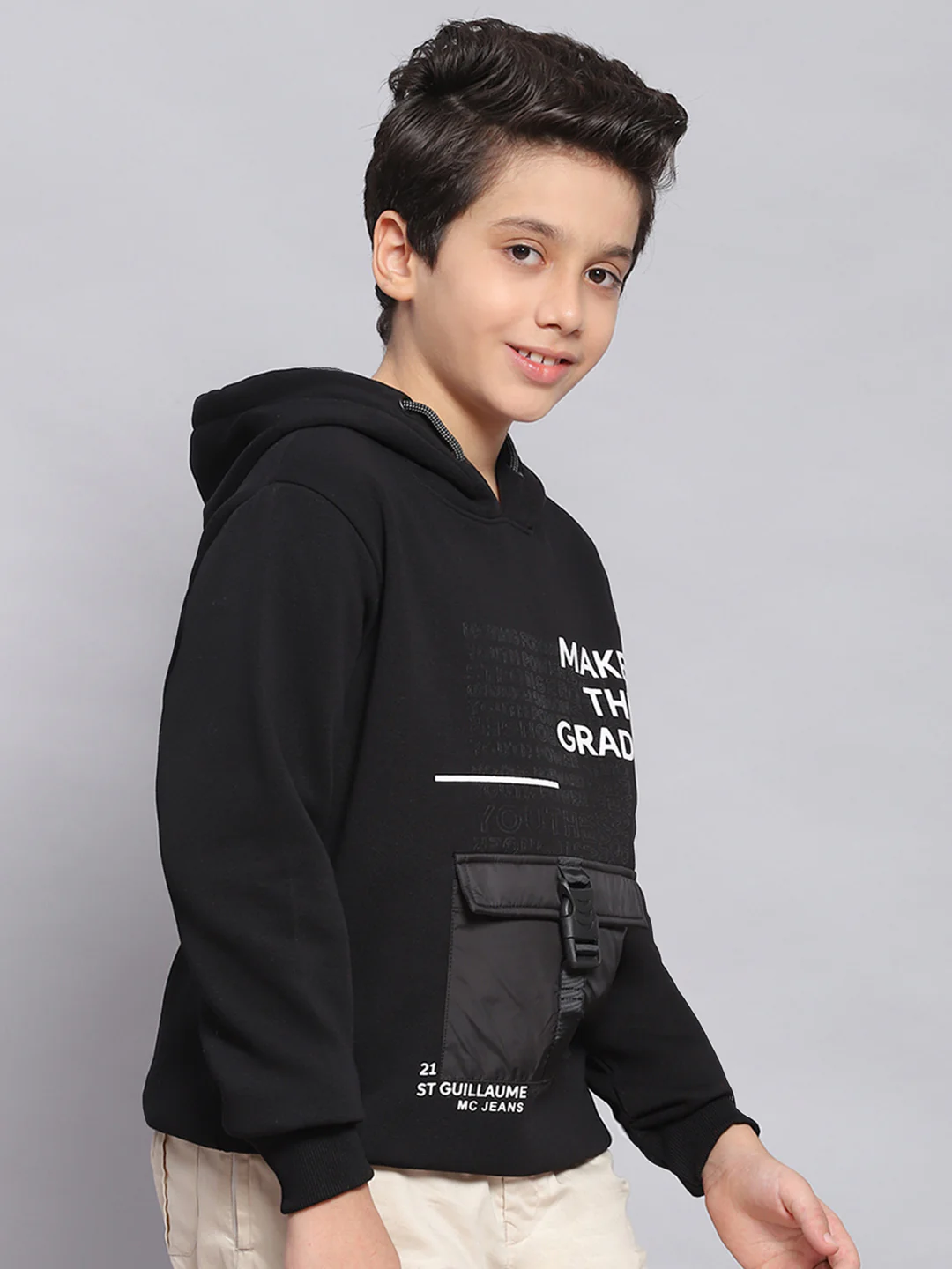 Boys Black Printed Hooded Full Sleeve Sweatshirt - Image 4