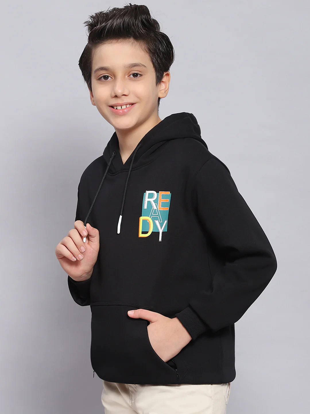 Boys Black Printed Hooded Full Sleeve Sweatshirt - Image 3