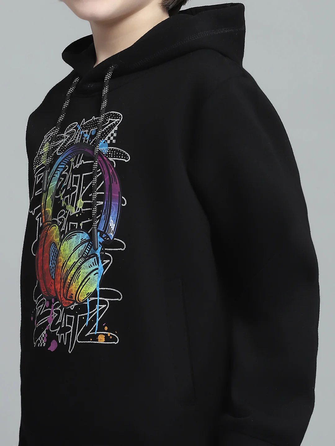 Boys Black Printed Hooded Full Sleeve Sweatshirt - Image 7