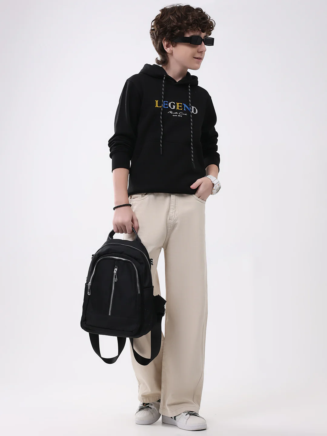 Boys Black Printed Hooded Full Sleeve Sweatshirt - Image 2