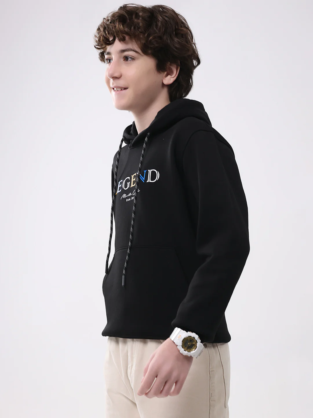 Boys Black Printed Hooded Full Sleeve Sweatshirt - Image 3