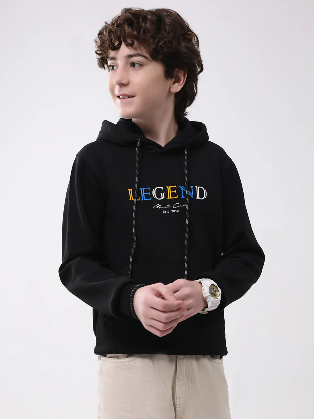 Boys Black Printed Hooded Full Sleeve Sweatshirt - Image 4