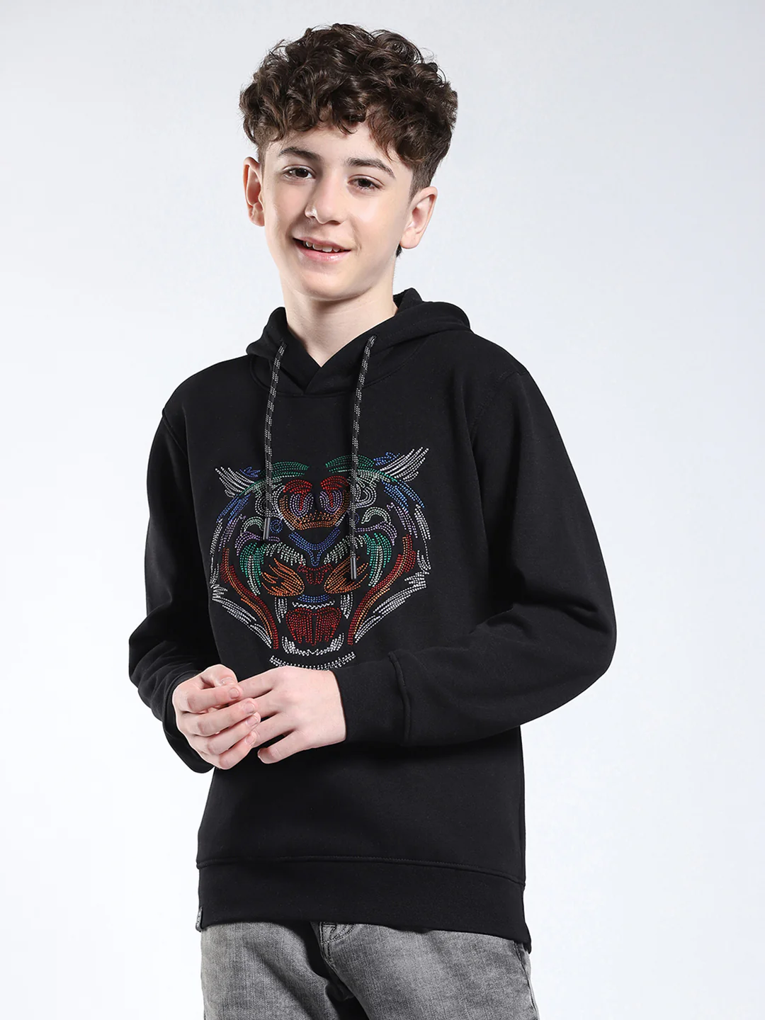 Boys Black Printed Hooded Full Sleeve Sweatshirt
