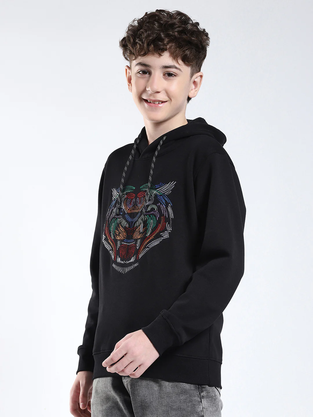 Boys Black Printed Hooded Full Sleeve Sweatshirt - Image 3