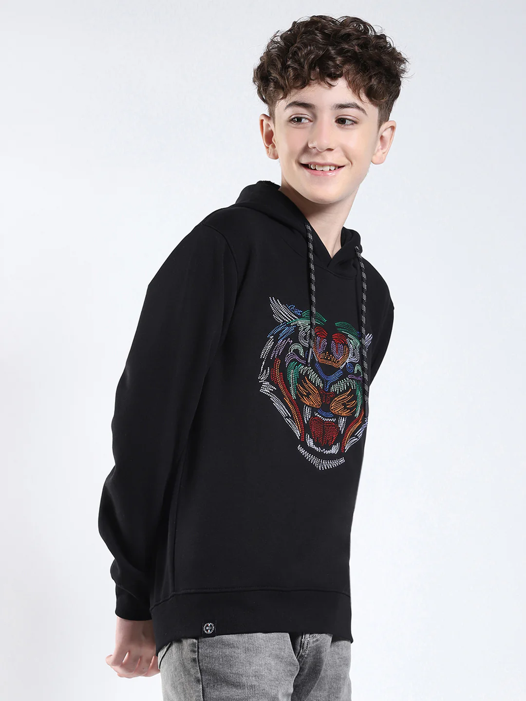 Boys Black Printed Hooded Full Sleeve Sweatshirt - Image 4