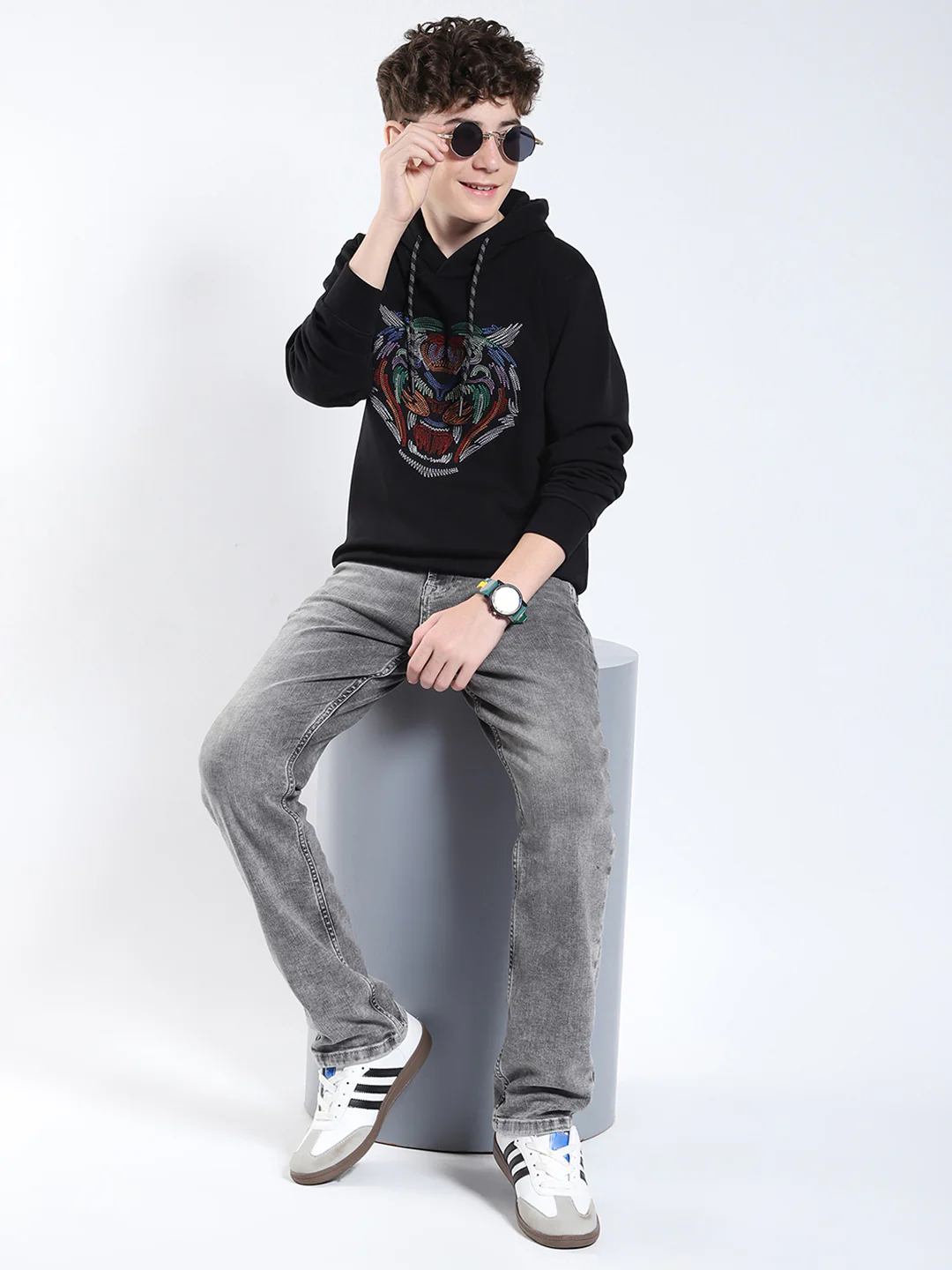 Boys Black Printed Hooded Full Sleeve Sweatshirt - Image 6