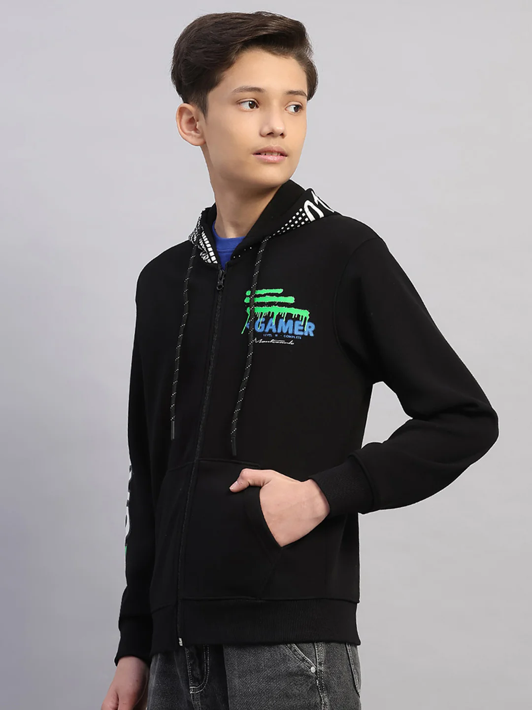 Boys Black Printed Hooded Full Sleeve Sweatshirt - Image 3