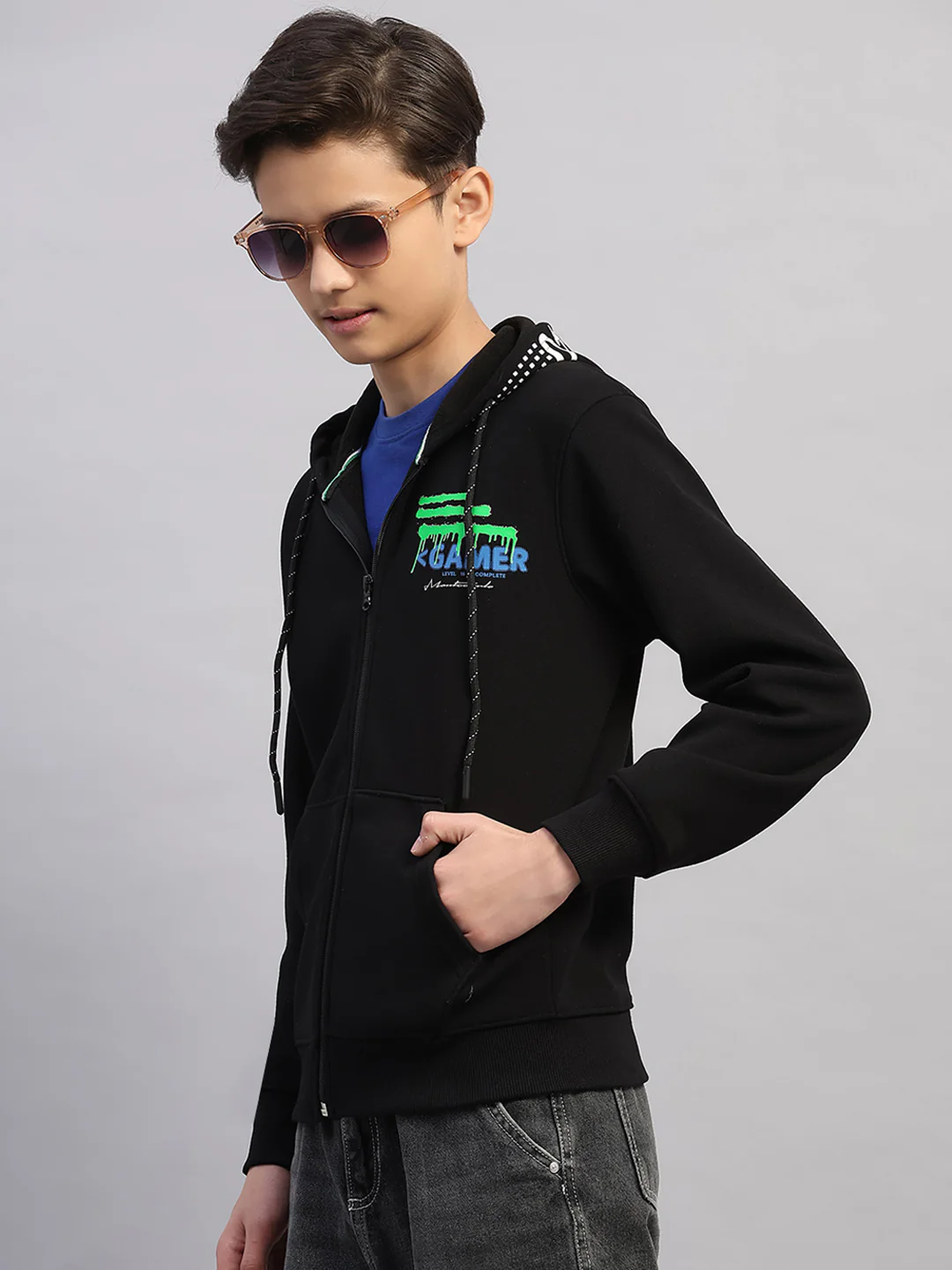 Boys Black Printed Hooded Full Sleeve Sweatshirt - Image 6