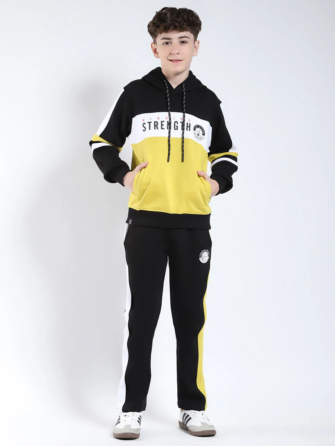 Boys Black Printed Hooded Full Sleeve Winter Tracksuit