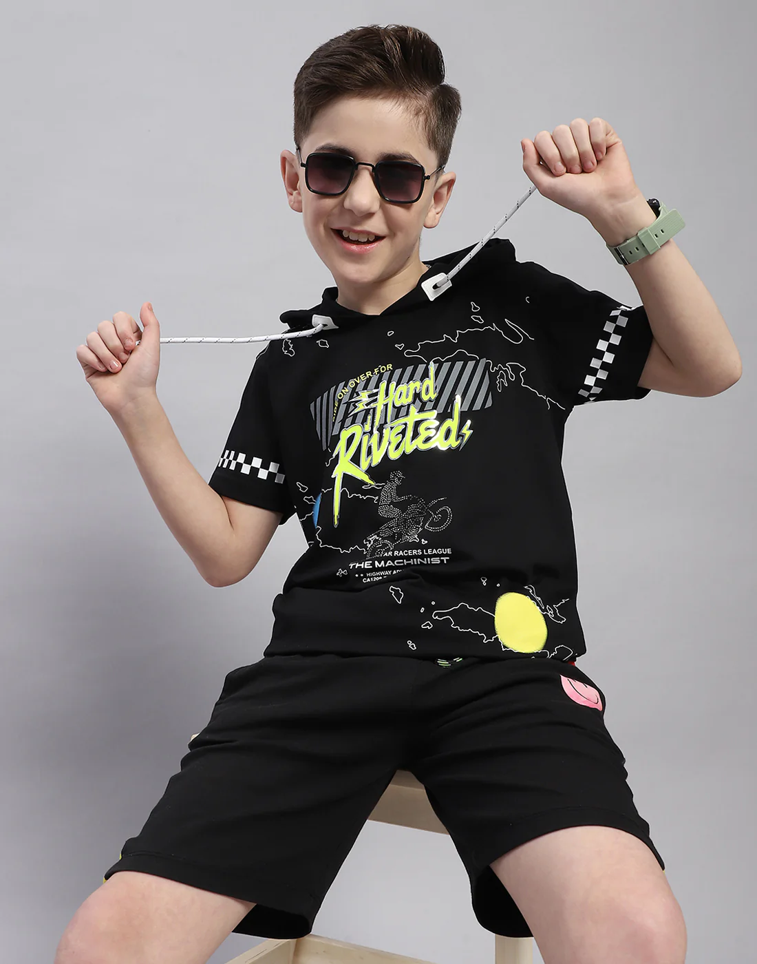 Boys Black Printed Hooded Half Sleeve T-Shirt - Image 6