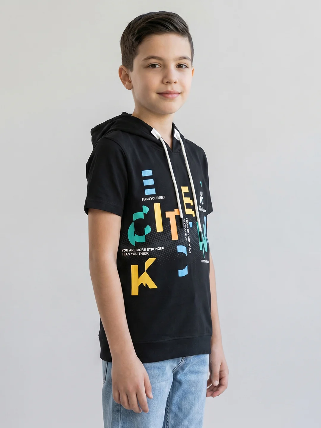 Boys Black Printed Hooded Half Sleeve T-Shirt - Image 2
