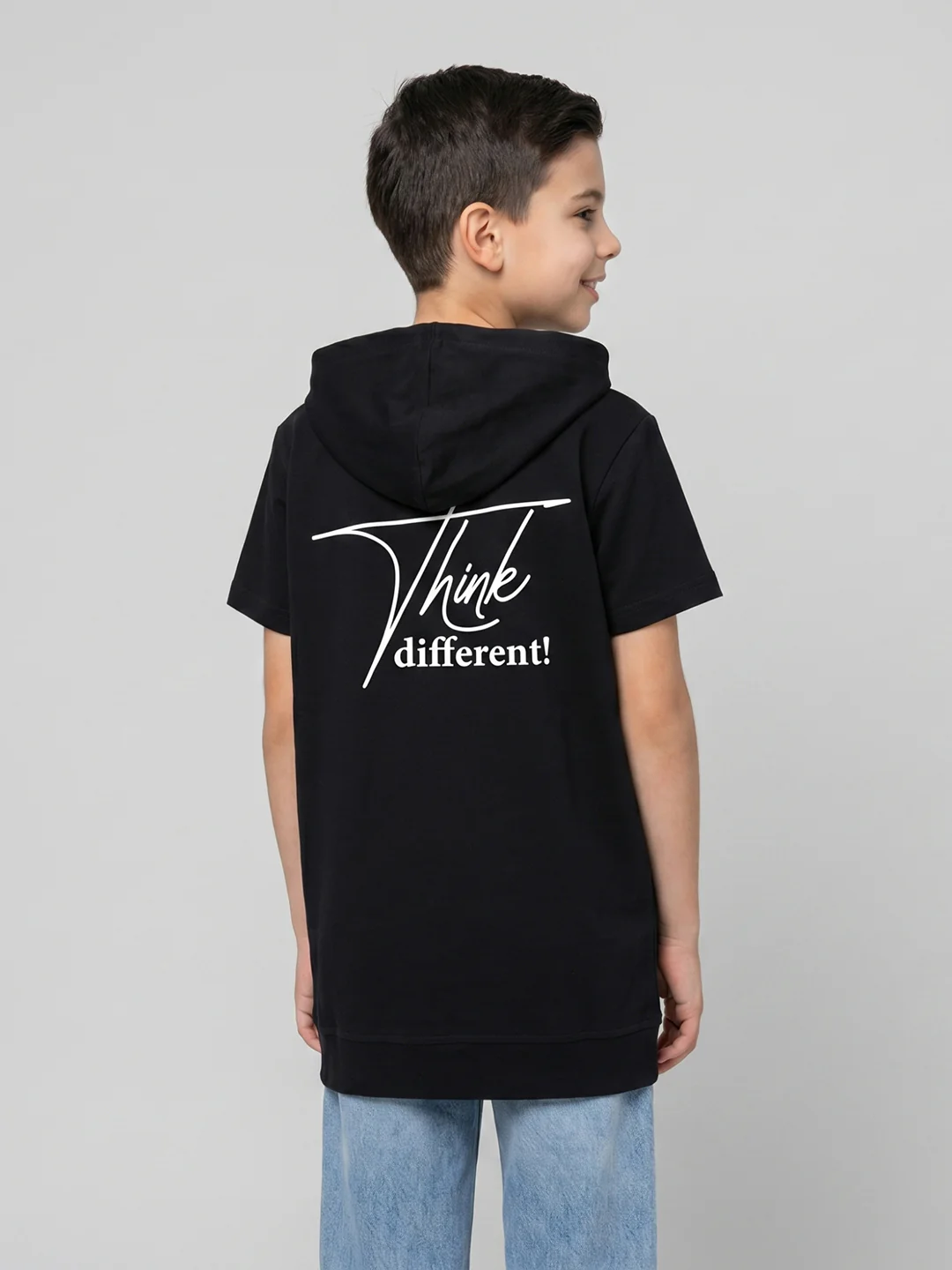 Boys Black Printed Hooded Half Sleeve T-Shirt - Image 4