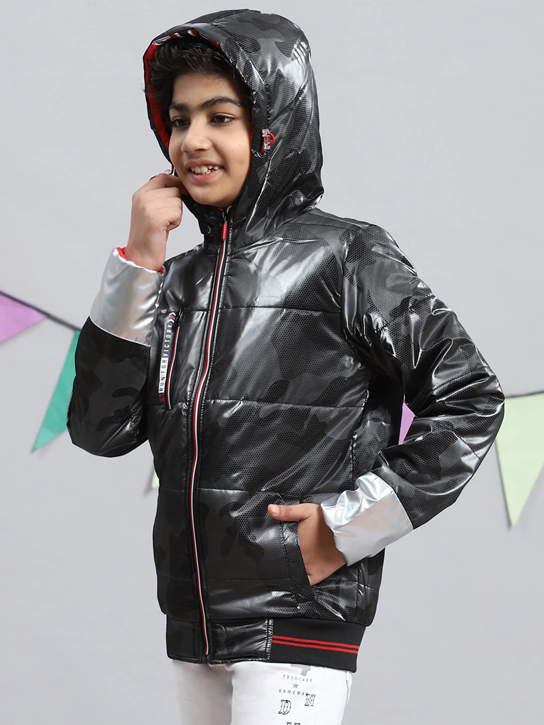 Boys Black Printed Jacket - Image 3