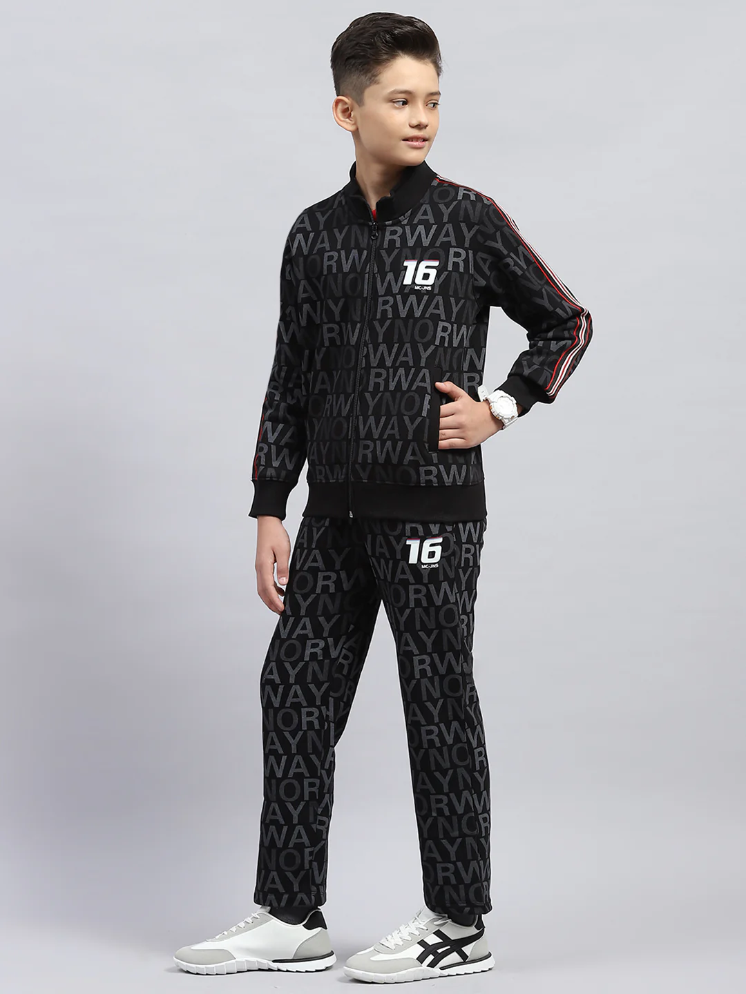 Boys Black Printed Mock Neck Full Sleeve Winter Tracksuit - Image 3