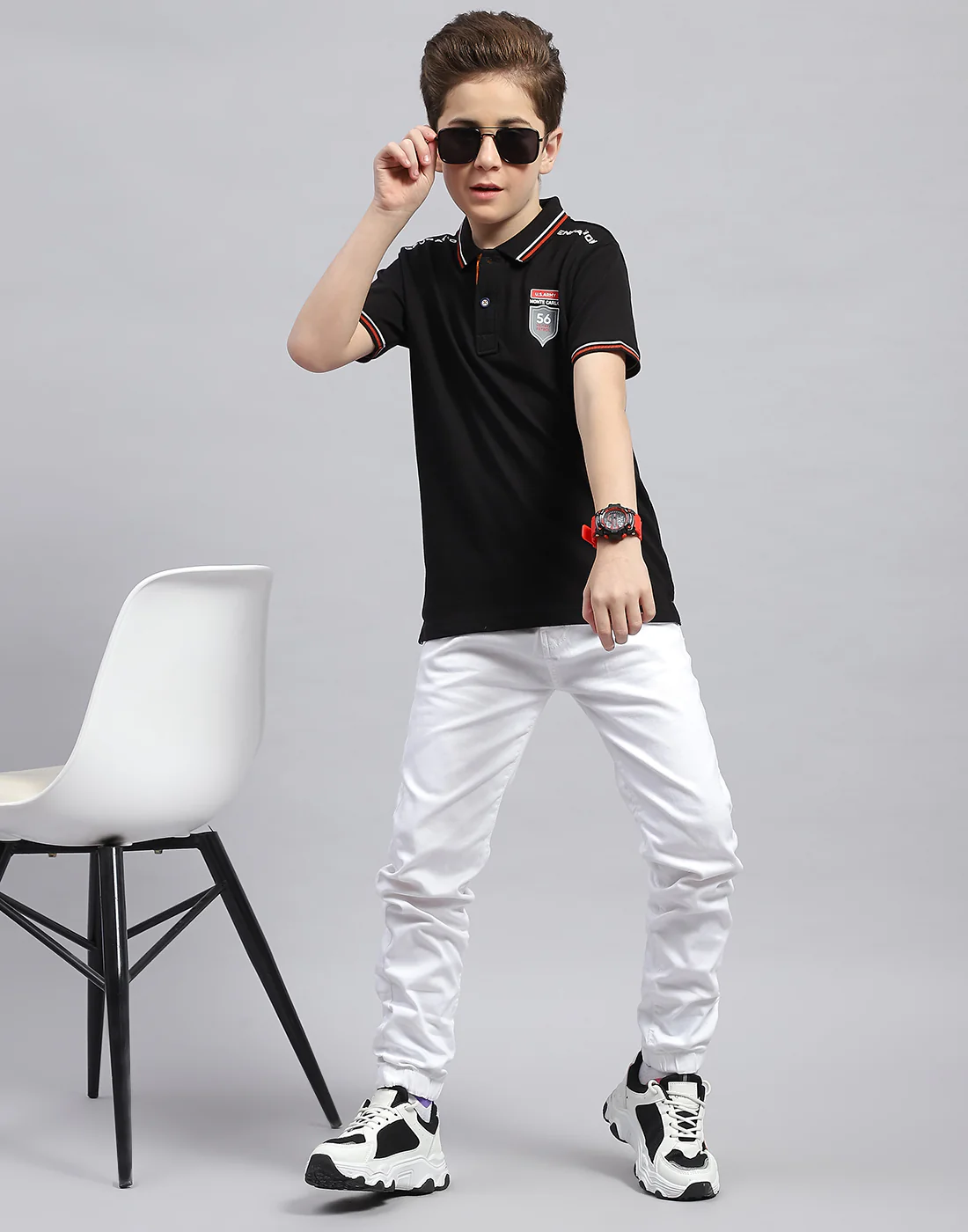 Boys Black Printed Polo Collar Half Sleeve T-Shirt - Image 2