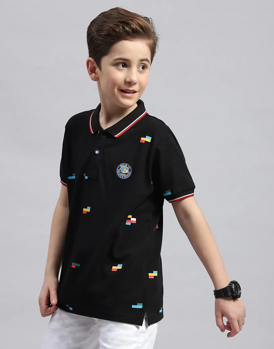 Boys Black Printed Polo Collar Half Sleeve T-Shirt - Image 3