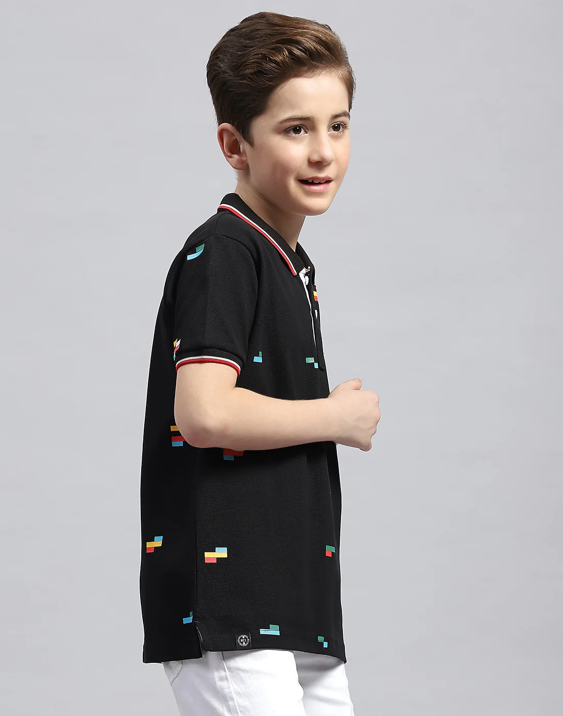 Boys Black Printed Polo Collar Half Sleeve T-Shirt - Image 4