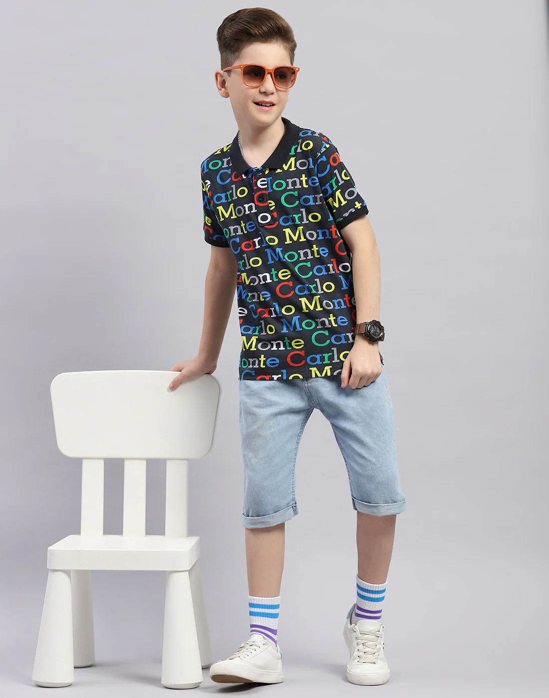 Boys Black Printed Polo Collar Half Sleeve T-Shirt - Image 2