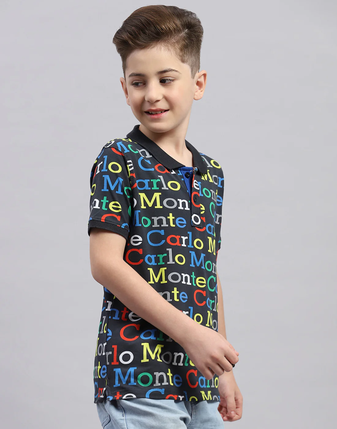 Boys Black Printed Polo Collar Half Sleeve T-Shirt - Image 4