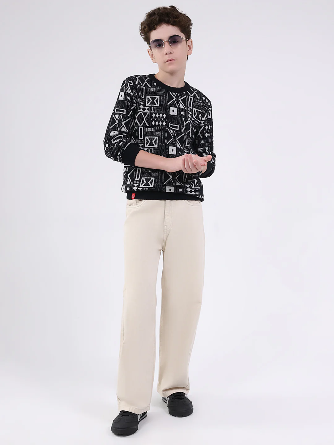 Boys Black Printed Round Neck Full Sleeve Pullover - Image 2