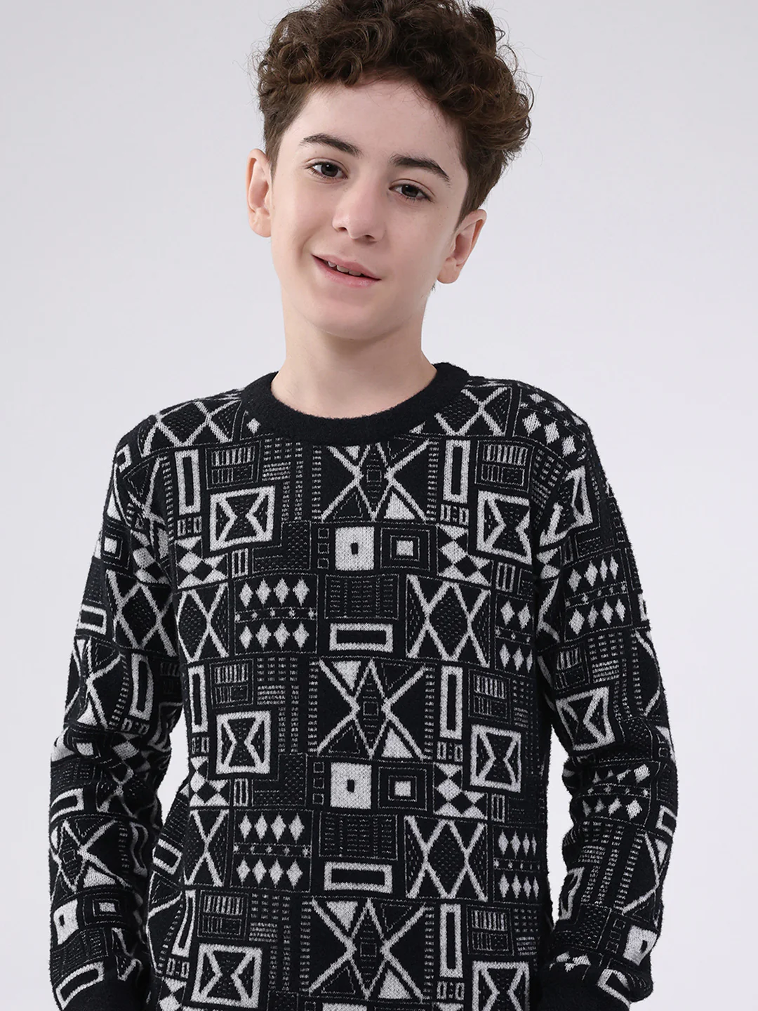 Boys Black Printed Round Neck Full Sleeve Pullover - Image 6