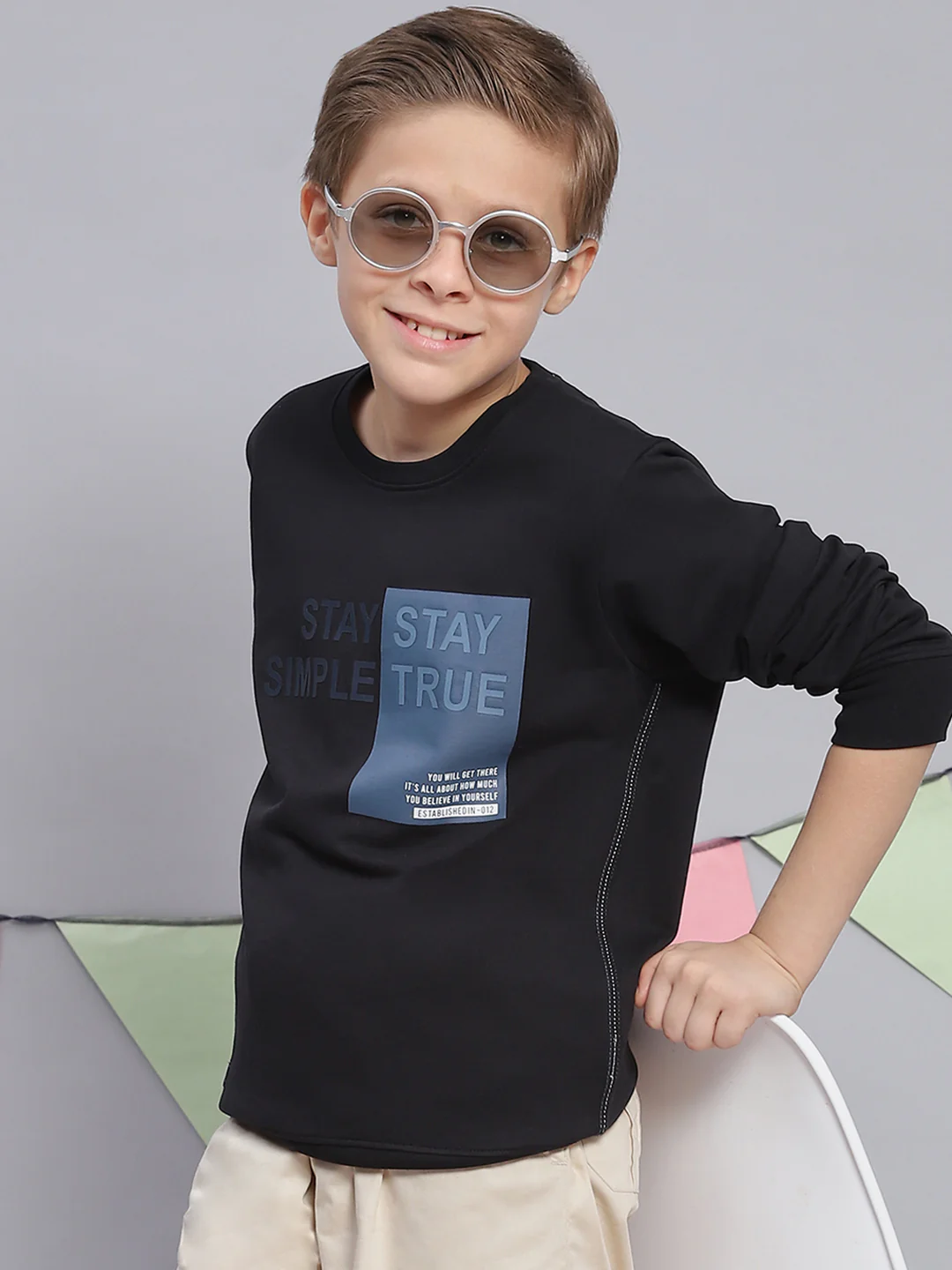 Boys Black Printed Round Neck Full Sleeve Sweatshirt - Image 2