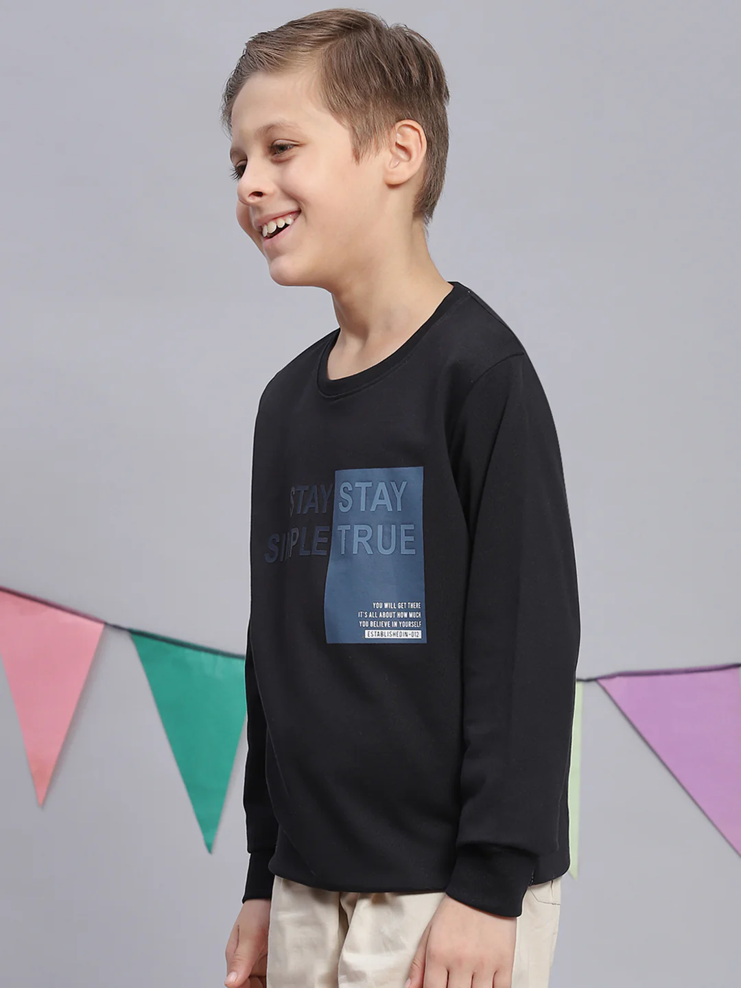 Boys Black Printed Round Neck Full Sleeve Sweatshirt - Image 3