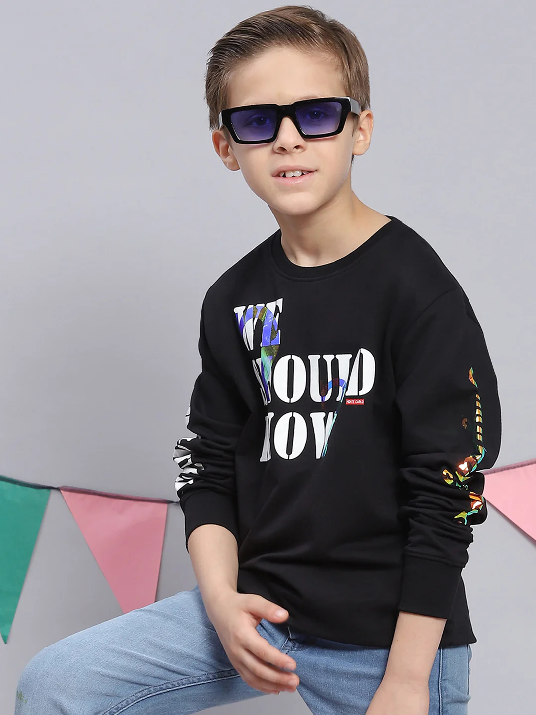 Boys Black Printed Round Neck Full Sleeve Sweatshirt - Image 2