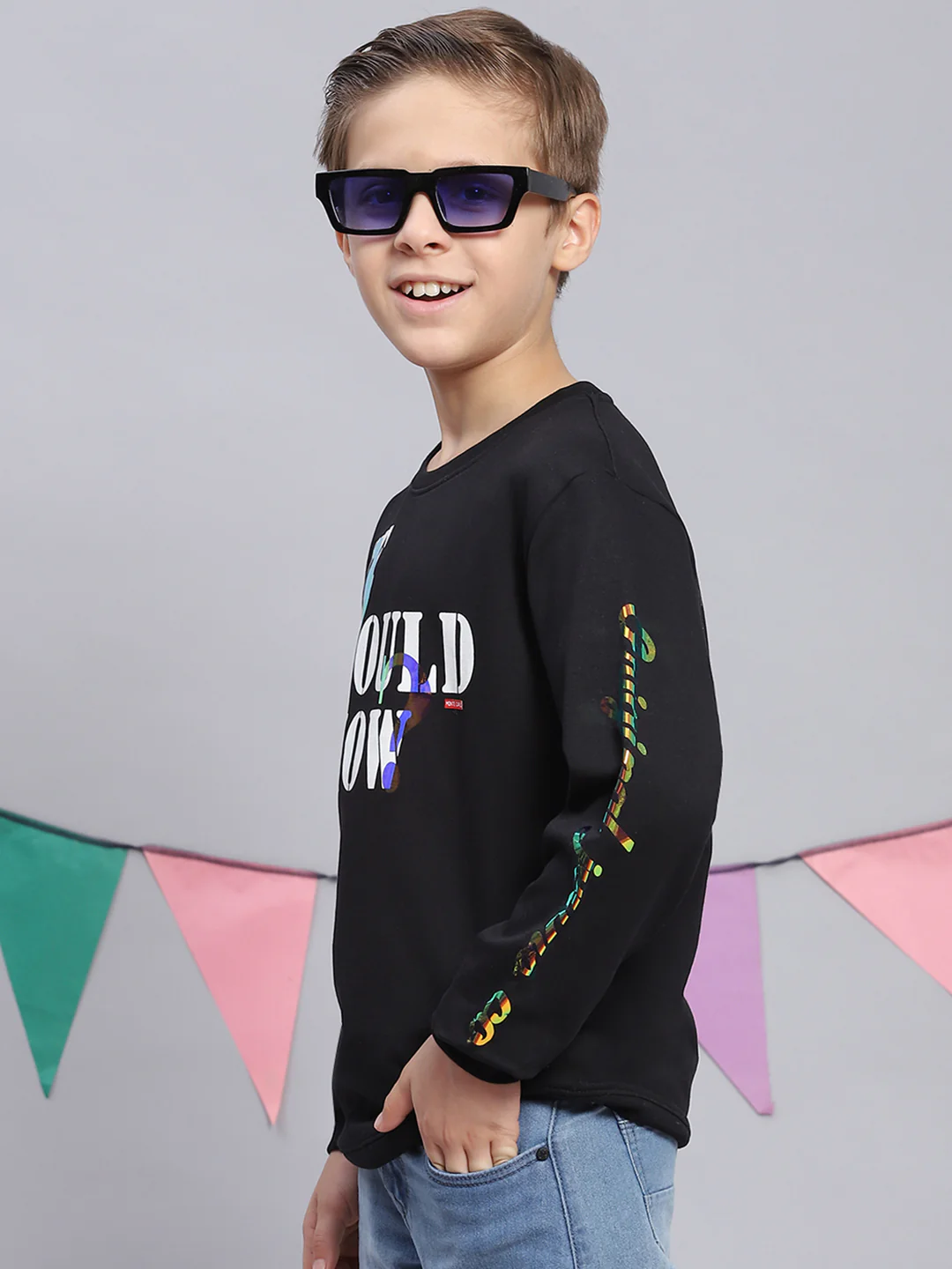 Boys Black Printed Round Neck Full Sleeve Sweatshirt - Image 3