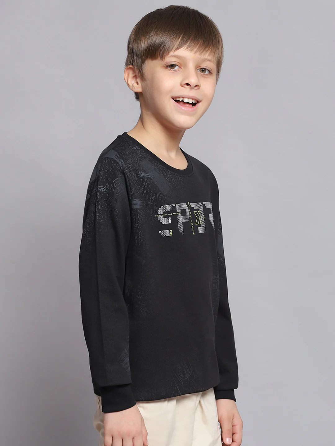 Boys Black Printed Round Neck Full Sleeve Sweatshirt - Image 4